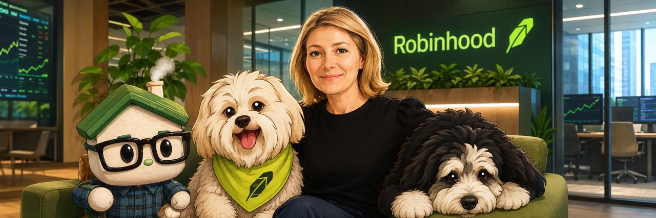Robinhood-themed campaign illustration featuring a woman, dogs, and mascots